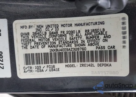 2010 Toyota Corolla Le z USA, uszkodzony, nr VIN 1NXBU4EE9AZ328760